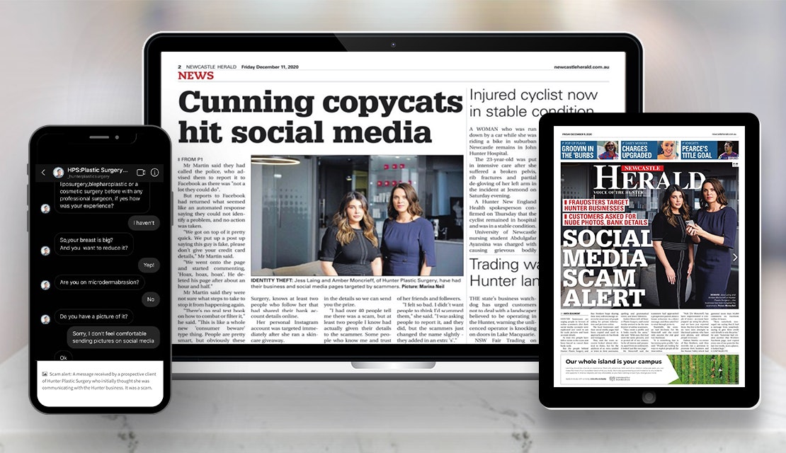 Amber Moncrieff and Jessica Laing warn of social media scams in the Newcastle Herald 11 December 2020